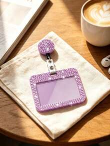 Purple Rhinestone ID Card Holder With Lanyard, ID Card Storage Box, Anti-Lost Lanyard, Student ID Card Holder, Self-Service Restaurant Card Holder - Multicolor - View 3