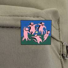 Happy Dancing Cat Badge - Blue And Green Background With Pink Cat And Red Bow Enamel Badge. Vintage Art Student Style Collection Badge, Suitable For Collecting. - Pink - View 5