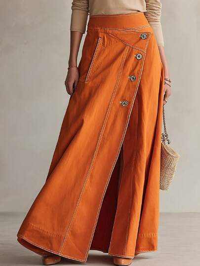 American Vintage Asymmetric Metal-Button High-Waist Slit Denim Skirt