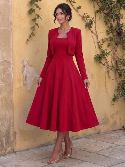2pcs/Set Elegant French Style Business Commute Outfit, Fitted 3/4 Sleeve Blouse + Straight Pencil Skirt, Refined Workwear Suit