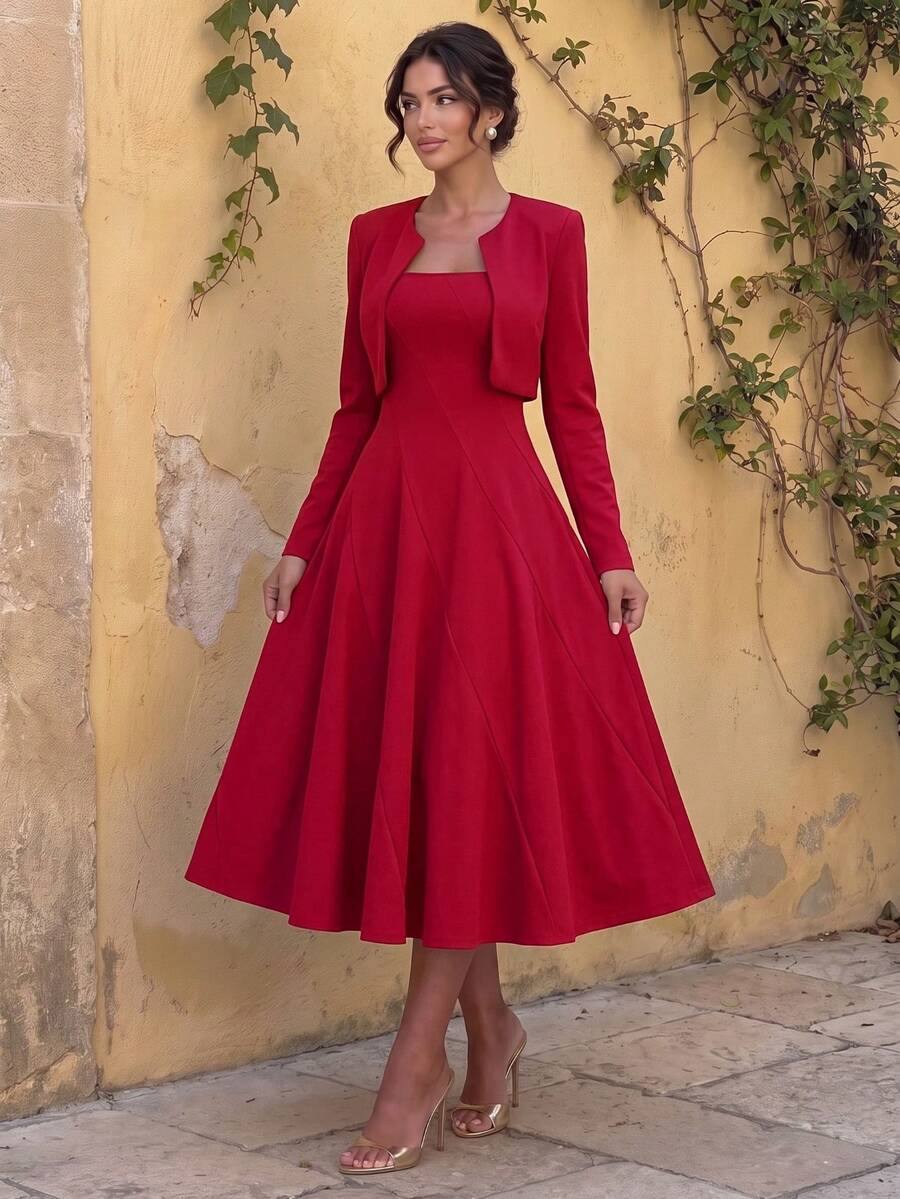 2pcs/Set Elegant French Style Business Commute Outfit, Fitted 3/4 Sleeve Blouse + Straight Pencil Skirt, Refined Workwear Suit - Burgundy - View 1