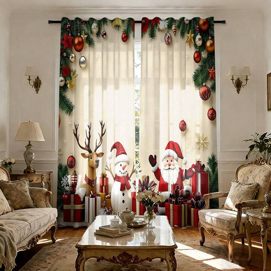 2 Stück 2D Flachdruck Frohe Weihnachten Mode Halbverdunkelungs-Vorhänge, Weihnachtsmann Schneemann Geschenk Muster, langanhaltend Polyesterfaser Material, geeignet für Geburtstagsparty, Feiertagsfeier, Heimdekoration und Studio-Requisiten, perfekt für Schlafzimmer, Büro, Küche, Wohnzimmer und Arbeitszimmer Dekoration, Wohnzimmer Vorhänge - Verschiedenfarbig - Übersicht 1