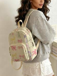 1 Piece Backpack, Women's Mini Backpack, Corduroy Girl School Bag, Travel Storage Bag, Bow Printed Design, Large‑Capacity Foldable Easy‑To‑Store Bag, Lightweight & Pressure‑Relieving, Multi‑Pocket Layered Design With Zipper Closure - Bow 22471 - View 2