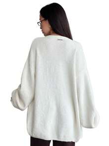 Damen Strickcardigan mit V‑Ausschnitt, weicher flauschiger Strickstoff, lange Ballonärmel, offene Front lässige Strickjacke für Alltag - Weiss - Übersicht 4