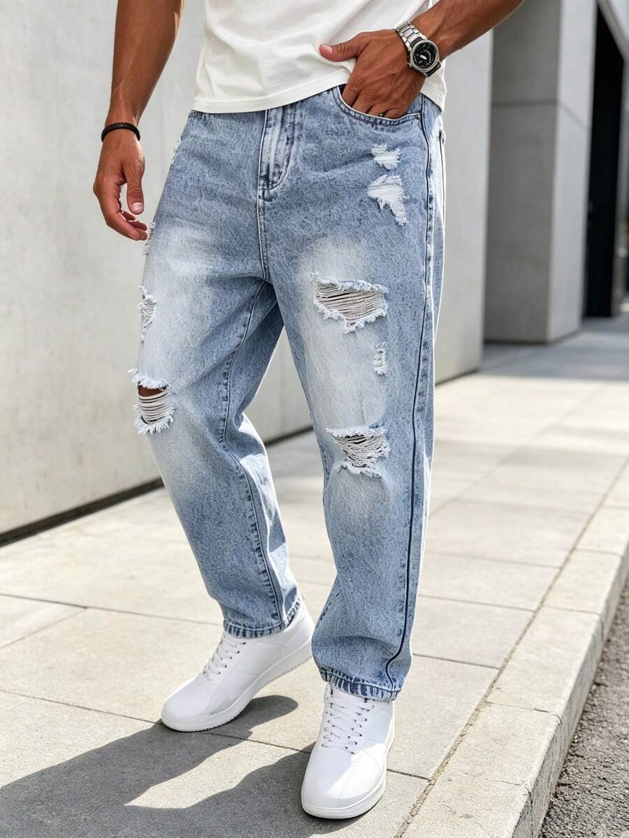 Roughcore Men's Loose Fit Distressed Washed Denim Jeans