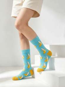 1 Pair Fresh Blue Banana All-Over Print Mid-Calf Socks, Unisex, Creative Fruit Cartoon Pattern Colorblock Socks, Skin-Friendly Sweat-Absorbent Casual Sports Everyday Versatile Socks, Suitable For All Seasons - Multicolor - View 4