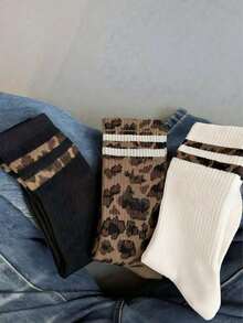 1/3/6 Pairs Women's Leopard Print Striped Mid-Calf Socks, Fashionable Classic Comfortable Soft Breathable, Versatile For Daily Wear, Suitable For All Seasons - Multicolor - View 2