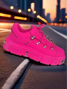GAISIMA Premium New Dad Style Metallic Punk Men's Height-Increasing Thick Sole Design Fashion Chunky Derby Casual Shoes Colorblock - Pink - View 3