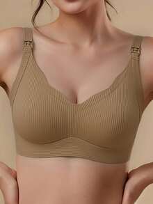 1件裝孕婦哺乳內衣，聚攏防下垂，大胸適用，修飾身形，便攜前扣式，產後哺乳內衣 - 杏色 - 查看 3