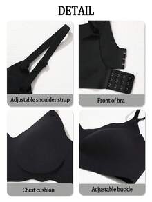 4pcs Women's Wireless Seamless Push-Up Bra, Removable Padding, No-Trace Bra, Black Adjustable Basic Style, Halloween Lingerie - Black - View 3