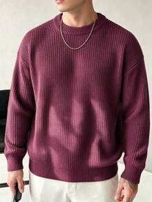 Lightweight Casual Textured Knit Sweater, Minimalist Design, Loose Fit Crew Neck Pullover For Unisex, Suitable For Autumn/Winter - Burgundy - View 11