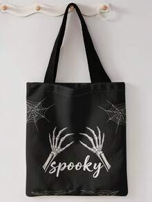 1pc One‑Eyed Skeleton Print Shoulder Tote,Large Capacity For Books,Groceries&Daily Beach Travel School Use.For Students&Women,Great Daily Bag Or Gift - Multicolor - View 10