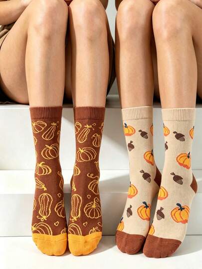1/2/5 Pairs Autumn Pumpkin Acorn Maple Leaf Long Socks, Vintage Caramel Color Casual Women's Socks,