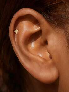 1Pc 925 Sterling Silver Eight-Pointed Star Nose Stud Hypoallergenic Cartilage Body Piercing Jewelry Nose Rings For Women Men Daily Wear & Gifts - Gold - View 6