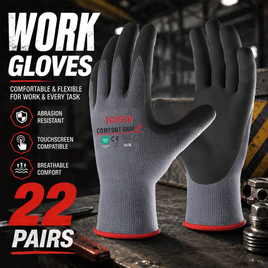 JOISIV 22 Pairs Unisex Nylon Work Gloves, Microfoam Coated Safety Gloves, Touchscreen Compatible, Strong Grip, Breathable & Comfortable, Durable Protection, Suitable For Gardening, Construction, Warehouse, Auto Repair And Outdoor Work
