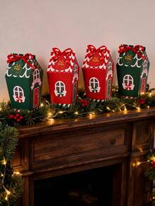30pcs Red/Green Christmas House-Shaped Gift Box, Includes Red Ribbon And Christmas Tree Card. Ideal For Christmas Gift Wrapping, Table Decorations, Holiday Gift Wrapping, And Themed Party Decorations. Perfect For Christmas And Themed Parties. - Multicolor - View 3