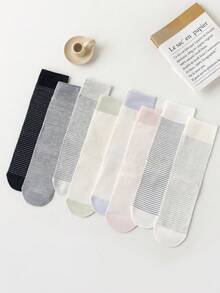 5 Pairs Women's Thin Vertical Striped Color Block Mid-Calf Slouch Socks, Minimalist Black White Gray Light Color Palette Soft Breathable All-Match Long Socks, Flattering Calf Shape, Non-Tight Non-Constricting, Versatile For Commute And Student (Random Color) - Multicolor - View 5