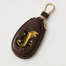 Litchi Pattern Key Bag -Black Gold Letters A-Z Car Key Protection Cover,PU Key Storage Clip,Zipper Bag,Car Key Storage Device,Car Keychain,Unisex Gift - Multicolor - View 34