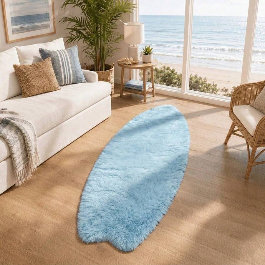 1pc Light Blue Surfboard Shaped Runner Rug, Soft Fluffy Long Pile Carpet, Suitable For Bathroom, Laundry Room, Bedroom And Hallway, Faux Rabbit Fur Mat, Asymmetrical Shape, Cutting Error 1-5cm, Suitable For Sofa, Living Room, Bay Window, Hallway, Entrance, Room Mat, Comfortable And Soft, Winter Home Decor - Baby Blue - View 1