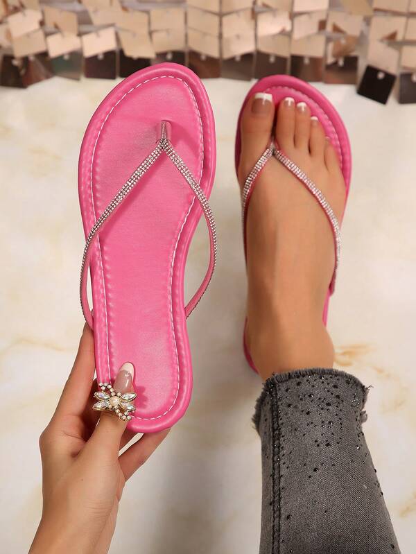 Rhinestone Flat Flip Flop Thong Sandals Beach Vacation Shoes Plus Size Couple Shoes Size 44