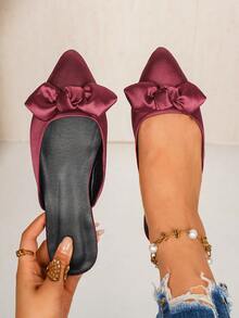 Spring Summer Autumn New Burgundy Satin Bow Mule Slippers Pointed Toe Closed Toe Flat Half-Slippers Commute Date Gentle Wear Office Party Banquet Women's Shoes - Burgundy - View 6