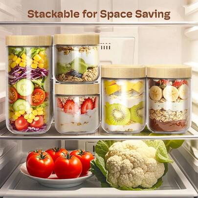 4-Pack 16oz Glass Jars With Airtight Lids, Overnight Oats Containers With Bamboo Lids, Wide Mouth Mason Salad Jars, Glass Food Storage Containers For Snacks Yogurt Spice Sugar