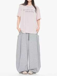 Women's Solid Color Casual Versatile Daily Wear Wide Leg Sweatpants - Light Grey - View 3