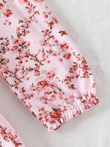Young Girl Elegant Sweet Cute Gentle Lady Gift Minimalist Pretty Outdoor Street Comfortable Fashion Pink Vintage Exquisite Small Rose Floral Pattern Digital Print Round Neck Elastic Puff Cuff Long Sleeve Ruffle Hem A-Line Princess Dress Suitable For Spring And Autumn - Pink - View 11