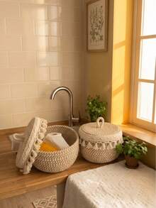 1pc Bohemian Style Woven Basket With Lid, Underwear & Miscellaneous Storage Bin, Desktop Organizer For Bedroom Kitchen Living Room Decor Home Organization Solution - Multicolor - View 2