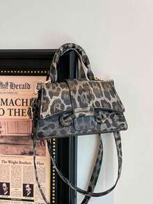 Y2K Leopard Print Mini Handbag, Fashionable Top Handle Bag, Vintage Small Tote With Detachable Shoulder Strap, Stylish Crossbody Bag For Party And Daily Wear - Multicolor - View 1