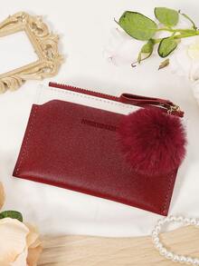 Fashionable And Minimalist Women's Credit Card Bag, With A Pom-Pom Charm, Convenient ID Window Certificate Package, Credit Card Storage Card Package - Burgundy - View 8