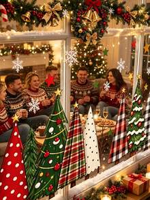 1/2pcs Plaid Buffalo Check Static Cling Window Stickers, Suitable For Christmas Tree, Snowflake And Star Decorations, Reusable PVC Film, Asymmetrical Shape, Suitable For Glass Doors, Cafes, Farmhouse Country Style Winter Christmas Decor - Multicolor - View 7