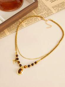 1pc Luxury Vintage Tiger Eye Beaded & Metal Chain Snake Bone Layered Necklace With Four-Pointed Star Pendant, Suitable For Women's Daily, Vacation, Autumn/Winter, Wedding, Banquet Wear - Gold - View 4