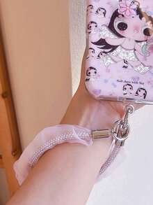 Sweet Ruffled Organza Rhinestone Beaded Phone Wrist Lanyard, Elegant Sheer Mesh Lace Anti‑Lost Hand Strap With Metal Clasp, Cute Girls Decorative Phone Chain, Universal Portable Accessory For Phone & Earbud Case, Multiple Pastel Colors Available, Phone Case Not Included - Multicolor - View 10