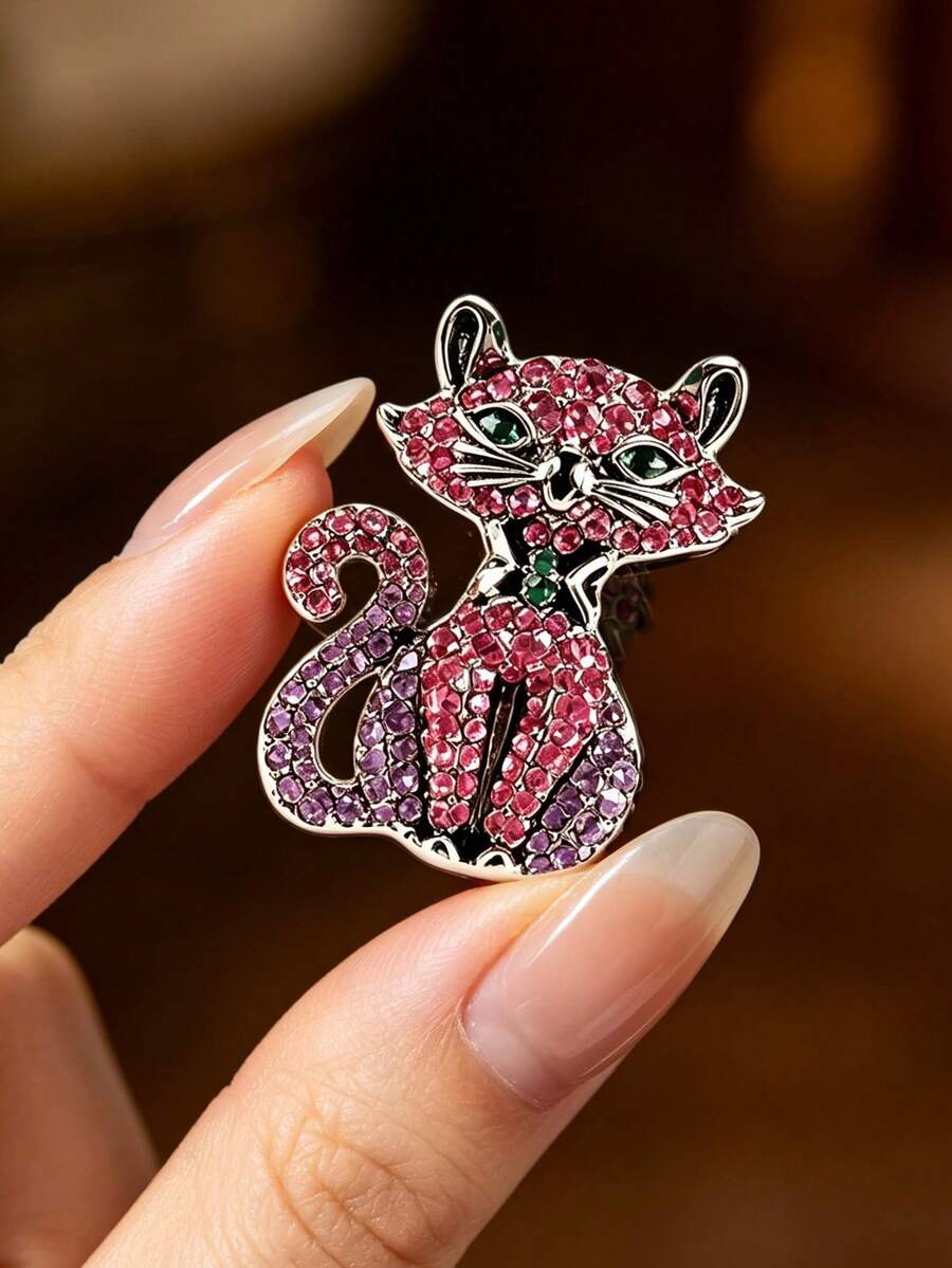 1pc Vintage Cat Brooch, Pink Purple Crystal Kitten Enamel Brooch, Fashion Lapel Accessory For Clothing, Bag Brooch, Graduation Gift - Multicolor - View 1