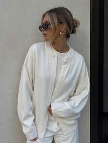 Women's Minimalist Commuter Round Neck Knit Cardigan, Autumn/Winter Loose Drop Shoulder Single-Breasted Soft Long Sleeve Short Jacket - White - View 3