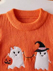 Girls' Orange Round Neck Long Sleeve Knitted Sweater, Halloween Ghost & Pumpkin Embroidered Pattern, Sweet Cute Casual Versatile Pullover, Suitable For Holiday Party, Daily Wear, Spring, Autumn, Winter - Orange - View 2