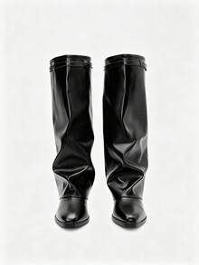 Women's Loose Knee-High Boots, Metal Buckle Wide Shaft Folded Long Boots, Pointed Toe Leather Western Cowboy Boots, Fashion Casual Riding Boots - Black - View 4