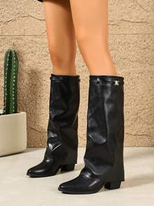 Women's Folded Knee High Boots, Pointed Toe Ruched Chunky Square Heel Long Boots, Wide Shaft Fashion Riding Boots, Vintage Autumn/Winter Tall Boots - Black - View 4