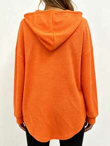 Women's Plus Size Solid Color Waffle Knit Half-Zip Hooded Sweatshirt With Drawstring, Long Sleeve Casual Top For Autumn/Winter - Orange - View 2