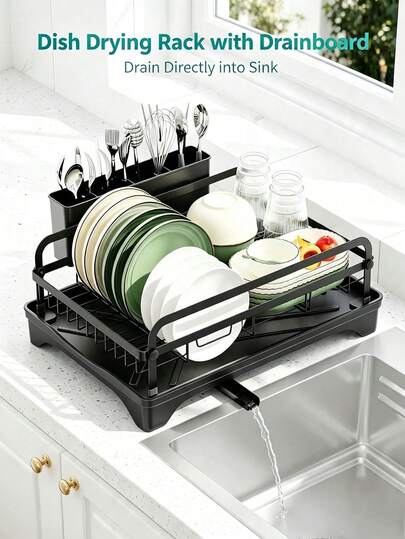 Countertop Dish Drainer Rack, Multi-Functional Cutlery Drying Rack, With Drip Tray And Cutlery Storage Box, Kitchen Sink Side Shelf.