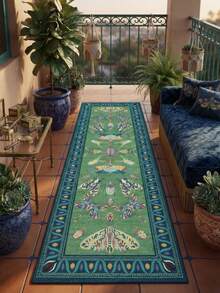 1PC Vintage Symmetrical Insect Pattern Peacock Green Long Runner Rug, Bohemian Style Faux Cashmere Rectangular Butterfly Moth Dragonfly Design Machine Washable Long Floor Mat, Suitable For Living Room Hallway Entryway Home Decor - Multicolor - View 1
