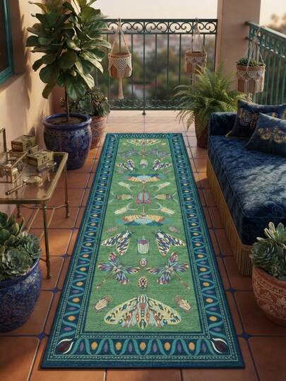 1PC Vintage Symmetrical Insect Pattern Peacock Green Long Runner Rug, Bohemian Style Faux Cashmere Rectangular Butterfly Moth Dragonfly Design Machine Washable Long Floor Mat, Suitable For Living Room Hallway Entryway Home Decor