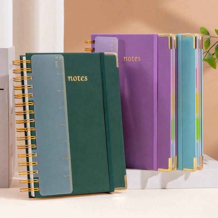 1pc,A5 Leather Spiral Notebook, Minimalist Business Style, Premium Leather Cover Wear-Resistant And Stain-Resistant, Built-In Colorful Divider Pages For Easy Classification, Spiral Binding Allows Flat Lay Writing, Smooth Ink Flow Without Bleeding, Suitable For Student Classroom Notes, Business Office And Daily Memo. - Multi-color - View 1
