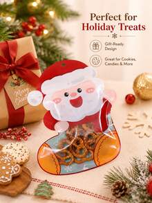 10pcs Reusable Christmas Santa Socks Design Gift Packaging Bags, Transparent Window Zipper Snack Bags, Holiday Party Favors, Suitable For Snacks, Candy And Goodies Storage - Multicolor - View 4