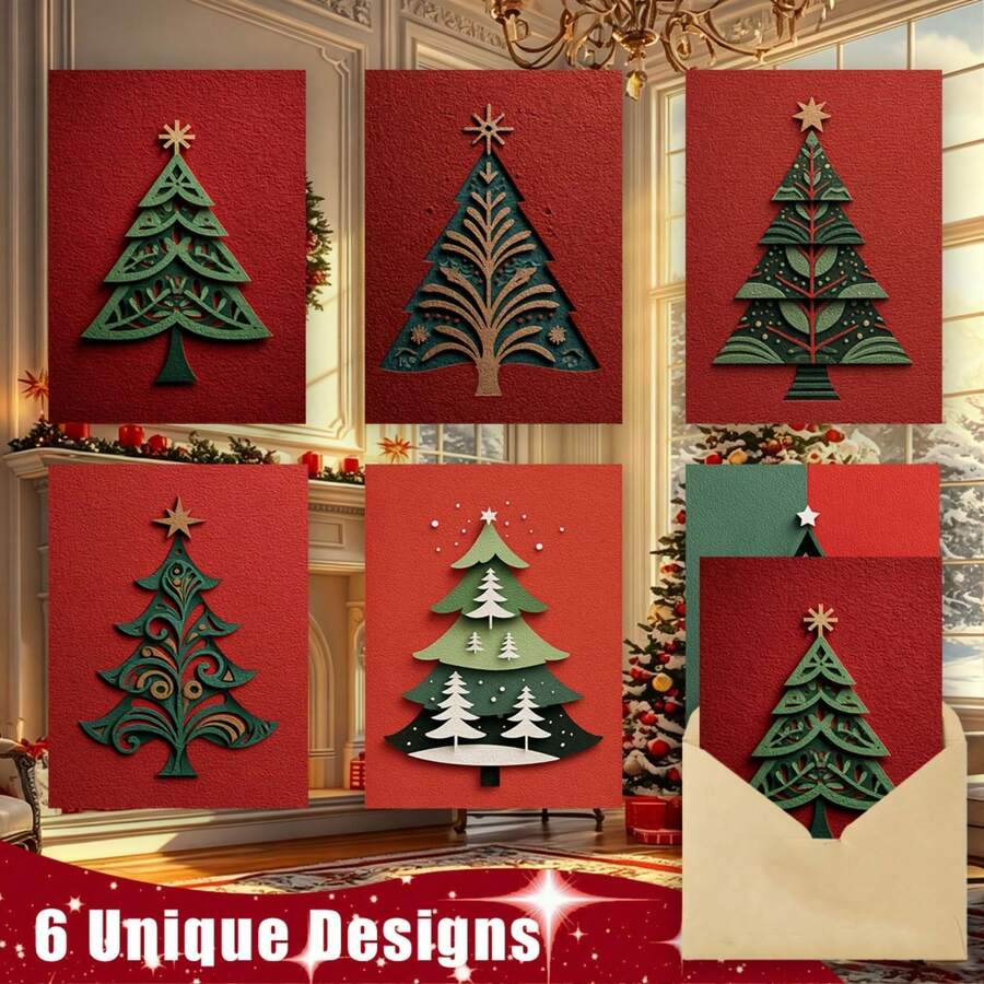 1/6/12 Sets Christmas Tree Greeting Cards, 6 Different Hollow-Out Styles, Christmas Tree, Star, Red Design, Christmas Winter Holiday Gift Cards For Family And Friends - A - View 1