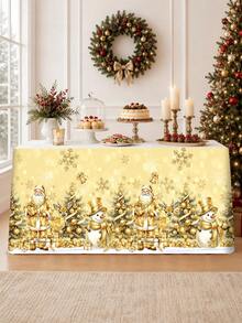 1pc Christmas Table Skirt, Vintage Gold Santa Claus Snowman Xmas Tree Pattern Polyester Rectangle Xmas Table Cover 5 Hook-And-Loop Fasteners, Festive Winter Holiday Kitchen Dining Table Decor Christmas Decorations For Home Dessert Table Cabinet Decor - Golden Santa Claus - View 2