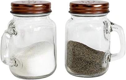 Mason Jar Salt And Pepper Shakers Set 4 Oz Glass Shakers With Handles Copper-Tone Lids Rustic Farmhouse Kitchen Dining Table