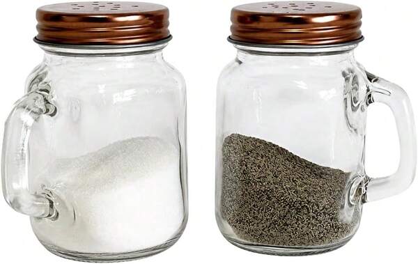 Mason Jar Salt And Pepper Shakers Set 4 Oz Glass Shakers With Handles Copper-Tone Lids Rustic Farmhouse Kitchen Dining Table