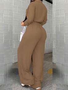 Women's Fashion Luxury Black Long Pants With Pocket, Studded Stripe And Suspenders Detail On Side, Woven Fabric, Non-Stretch, Suitable For Casual Wear, Autumn Back To School Season, Winter - Khaki - View 3
